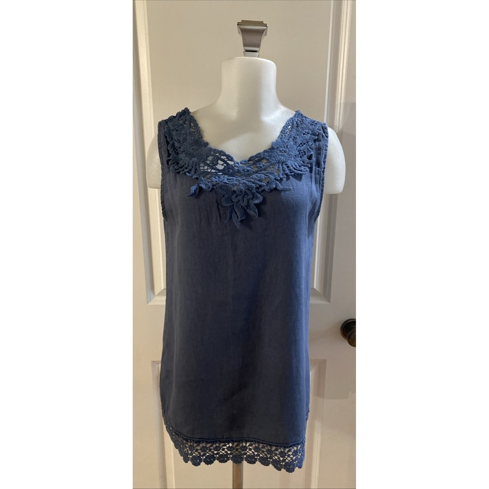 Lungo L'arno 100% Linen Tank Top Women's Medium Sleeveless Lace Trim‎ Blue Italy